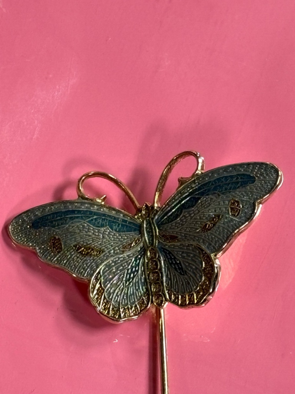 Vintage Gold-tone Butterfly Stick Pin with Teal Enamel Accents